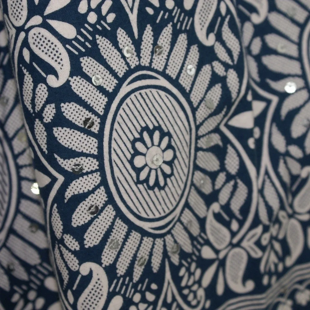 St. Johns Bay Blue White Paisley Sequin Cotton A-Line Skirt Women Size 16 Boho